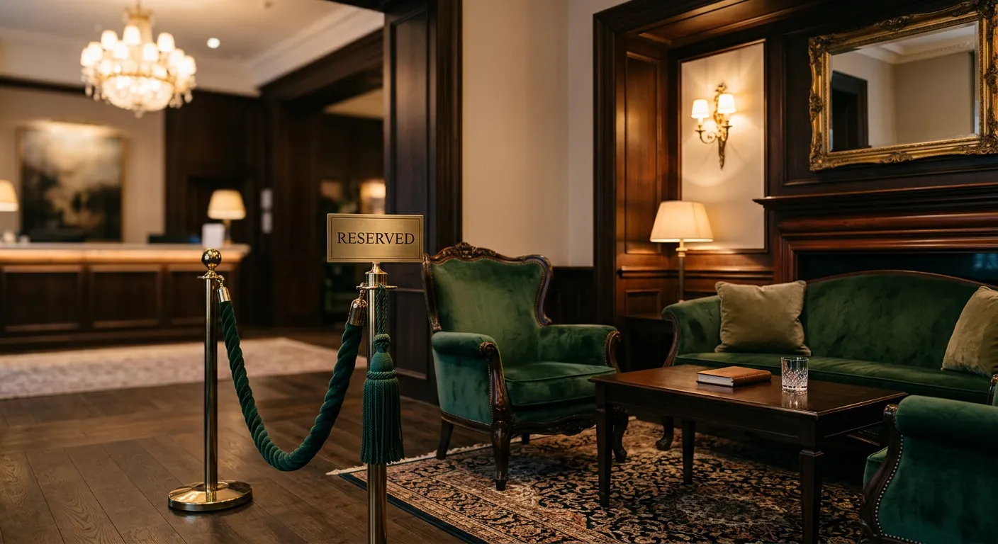 A boutique hotel sitting area behind a velvet rope with a small brass Reserved sign, warm ambient lighting and deep green velvet furniture
