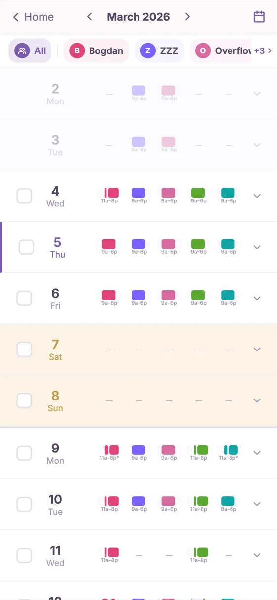 Staff schedule monthly view