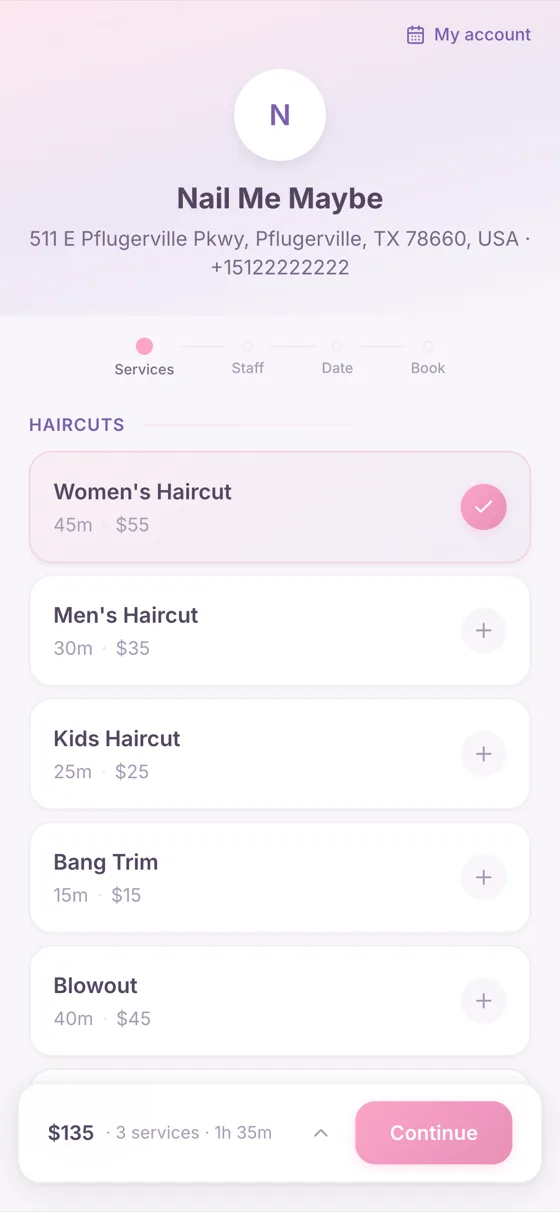 Service selection with prices and running total