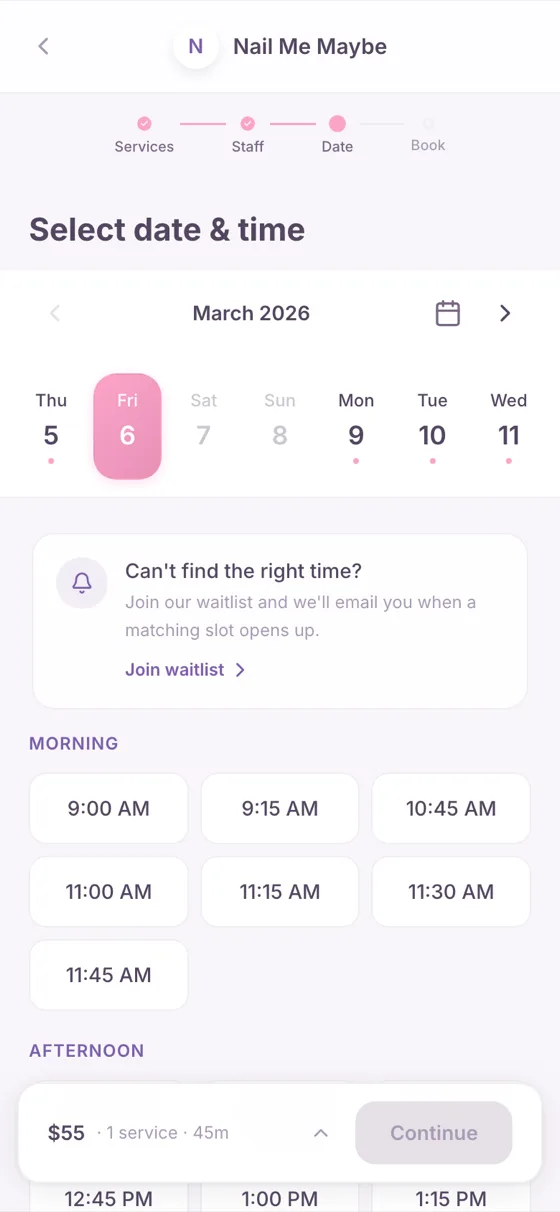 All available time slots view